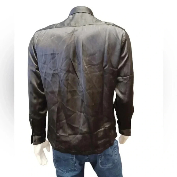 Coofandy Black Pinstripe Satin/Silky Look  Ling Sleeve Dress Shirt Size Small - Picture 4 of 10